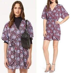 REBECCA MINKOFF 70s Floral Kimono Short‎ Sleeve V-Neck Wrap Tie Waist Dress L